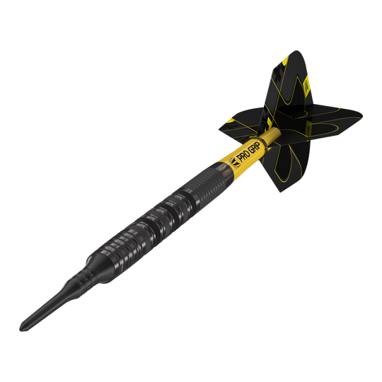 Target Bolide Void 10 fléchettes souples Das Bild zeigt einen Target Bolide Void 10 Softdart. Der Softdart ist schwarz mit gelben Akzenten und hat eine strukturierte Griffzone.