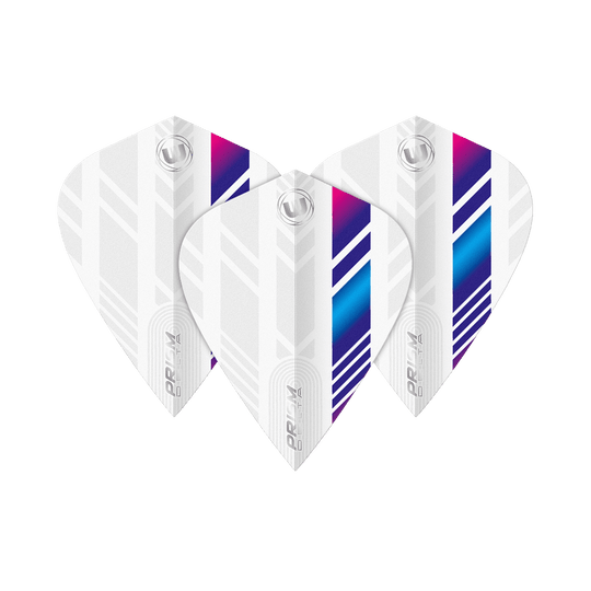 Vols de cerf-volant Winmau Delta blanc bleu violet Das Bild zeigt drei Winmau Delta White Blue Purple Kite Flights. Die Flights sind überwiegend weiß mit blauen, lila und pinken Streifen.
