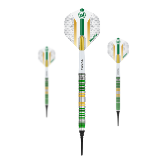 Fléchettes souples Winmau Xenon - 20 g Das Bild zeigt drei Winmau Xenon Softdarts mit einem Gewicht von 20 Gramm. Die Darts haben ein auffälliges grünes, gelbes und silbernes Design mit weißen Flights.