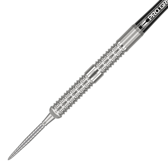 Fléchettes en acier Target Sebastian Bialecki GEN1 Swiss Point - 22 g Auf dem Bild ist ein steeldart mit silbernem, gerilltem Barrel und spitzem Metallkopf zu sehen. Es handelt sich um das Produkt "Target Sebastian Bialecki GEN1 Swiss Point Steeldarts - 22g".