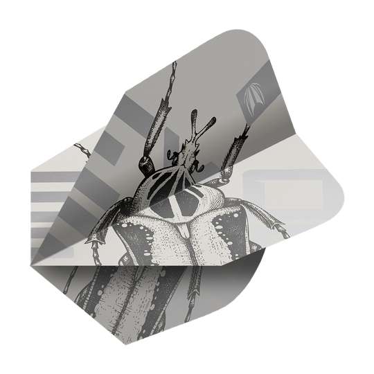 Dieses Bild zeigt ein Dartflight-Set mit dem Namen "Target Pro Ultra Exo 2.0 Ten-X Flights - 3 Sets". Das Flight-Design ist in Schwarz-Weiß gehalten und zeigt eine detaillierte Zeichnung eines Käfers.