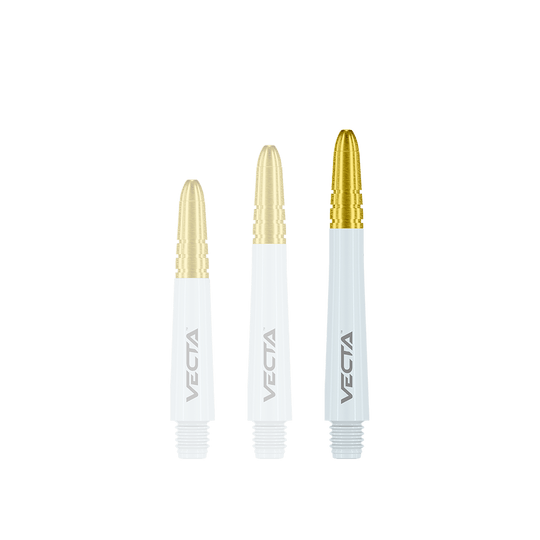 Auf dem Bild sind drei Dartshafts in Weiß und Gold zu sehen. Sie haben das Wort "VECTA" aufgedruckt und unterscheiden sich in der Länge.