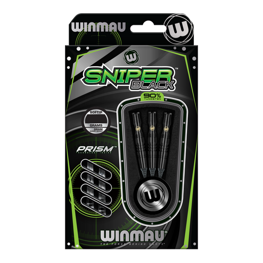 Fléchettes souples Winmau Sniper Black - 20 g Die Abbildung zeigt die Winmau Sniper Black Softdarts mit einem Gewicht von 20g. Die Verpackung enthält drei schwarze Softdarts aus 90% Tungsten.