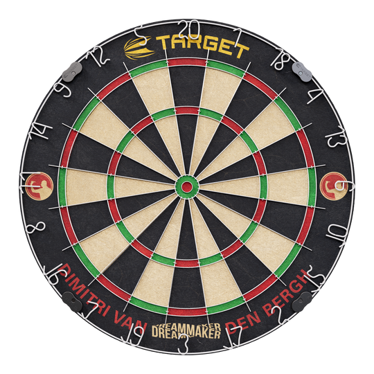 Jeu de fléchettes en acier Target Dimitri Van Den Bergh Das Bild zeigt eine Steeldartscheibe mit dem Namen "Target Dimitri Van Den Bergh Steeldartboard Set". Am unteren Rand steht der Schriftzug "Dimitri Van Den Bergh" und in der Mitte unten "Dreammaker".