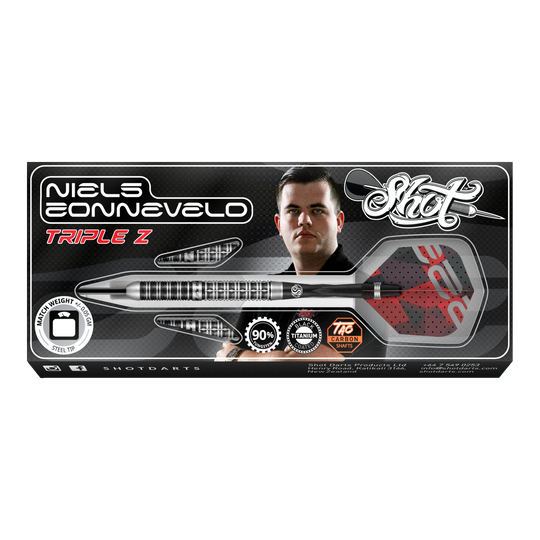 Fléchettes en acier Shot Niels Zonneveld V2 Auf dem Bild ist die Verpackung der "Shot Niels Zonneveld V2 Steeldarts" zu sehen. Die Verpackung zeigt einen Dartpfeil, das Logo und ein Porträt von Niels Zonneveld.