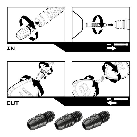 Convertisseur Target Swiss Point 2BA - Noir Das Bild zeigt die Montage- und Demontageanleitung für den Target Swiss Point 2BA Converter - Schwarz. Unten im Bild sind drei der schwarzen Converter abgebildet.