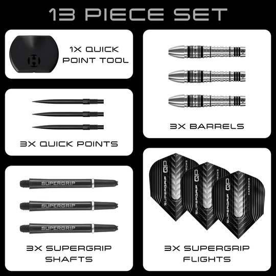 Fléchettes en acier Harrows Supergrip Bomb Quick Point Hier sind die Harrows Supergrip Bomb Quick Point Steeldarts zu sehen. Die Darts eignen sich hervorragend für präzises Spiel.