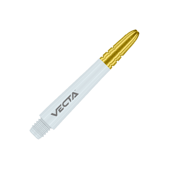 Winmau Vecta Shafts - Weiß Gold Dies ist ein weißer Dartshaft mit goldenem oberen Ende. Auf dem Schaft steht das Wort "VECTA".