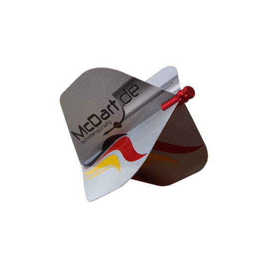 608_Alu_Flightschoner_Rot_2 Das Bild zeigt einen Alu Flightschoner, der an den Flights eines Dartpfeils befestigt ist. Der Flightschoner ist aus Metall und schützt die Flights vor Beschädigungen.