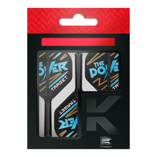 Système de flèche standard Target K-Flex Phil Taylor n° 2 Das Bild zeigt eine Packung „Target K-Flex Phil Taylor No2 Standard Flights“. Die Flights sind überwiegend schwarz und weiß mit blauen und goldenen Akzenten und der Aufschrift „The Power“.