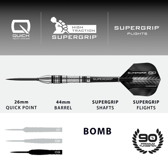 Fléchettes en acier Harrows Supergrip Bomb Quick Point Dies ist ein Bild der Harrows Supergrip Bomb Quick Point Steeldarts. Die Steeldarts zeichnen sich durch ihren besonders guten Grip aus.