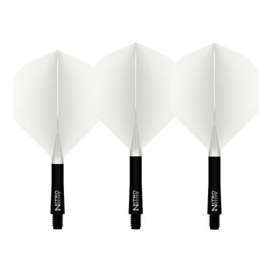 Ailettes Red Dragon Nitroflite à tige noire et ailettes blanches n° 2 Abgebildet ist der Red Dragon Nitroflite Black Shaft White Flights No2. Es handelt sich um einen Dart-Schaft in Schwarz mit weißen Flights.