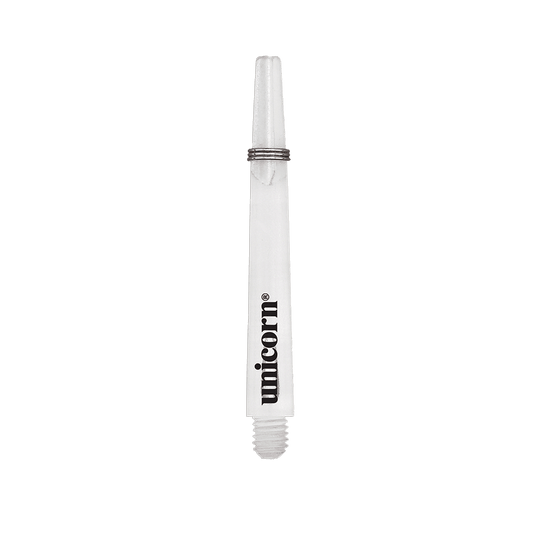 Das Bild zeigt einen klaren Unicorn Gripper 3 Mirage Shaft mit einer Länge von 44,2 mm. Auf dem Schaft ist das schwarze "unicorn" Logo zu sehen.