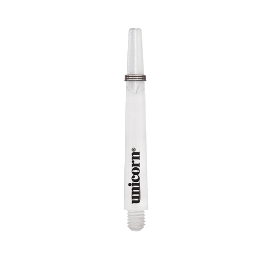 Tiges Unicorn Gripper 3 Mirage - Transparentes - 44,2 mm Das Bild zeigt einen klaren Unicorn Gripper 3 Mirage Shaft mit einer Länge von 44,2 mm. Auf dem Schaft ist das schwarze "unicorn" Logo zu sehen.