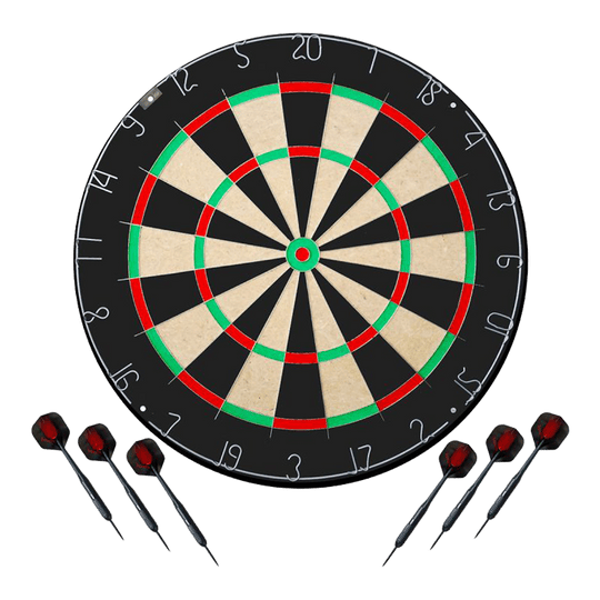 Jeu de fléchettes Karella BullOut comprenant 2 jeux de fléchettes en acier Das Bild stellt das Karella Dartboard BullOut Set mit zwei Sets Steeldarts dar. Es bietet alles, was man für ein direktes Dartspiel benötigt.