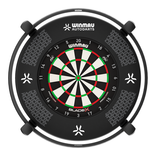 Système de notation automatique Winmau Autodarts X Gezeigt wird das Winmau Autodarts X Autoscoring-System. Das Gerät erleichtert das Zählen der Darts-Punkte durch seine automatische Erkennung.