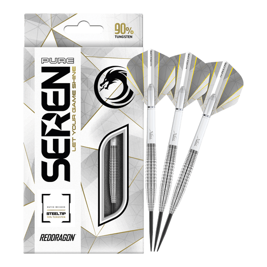 Red Dragon Seren 4 fléchettes en acier pur Das Bild zeigt die "Red Dragon Seren 4 Pure Steeldarts" mit einer eleganten Verpackung. Drei silberne Steeldarts mit weißen Flights liegen neben der Packung, die 90% Tungsten hervorhebt.