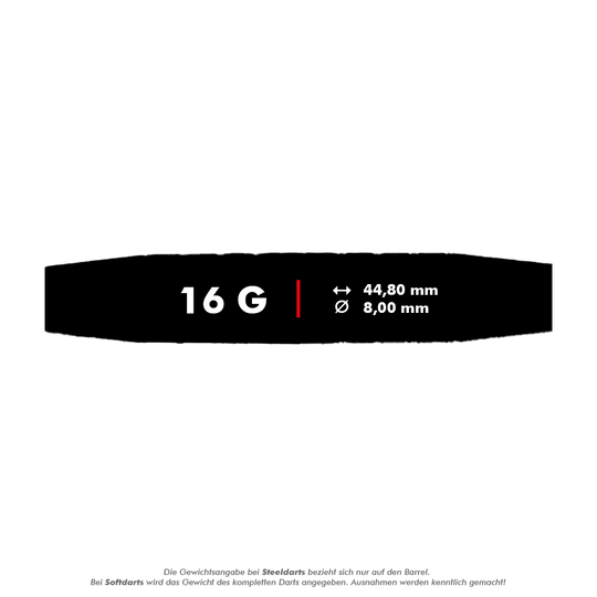 Fléchettes souples McDart 85 Tungstène V6 - 16 g Das Bild zeigt die Produktinformationen zu den McDart 85er Tungsten V6 Softdarts mit einem Gewicht von 16 Gramm. Die Darts sind 44,80 mm lang und haben einen Durchmesser von 8,00 mm.