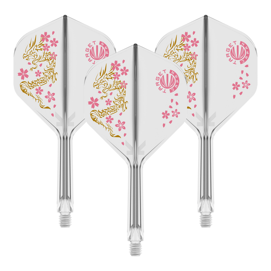 Target Japan K-Flex Smash No2 Standard Flight-Shaft-System Das Bild zeigt drei Dartflights des Produkts "Target Japan K-Flex Smash No2 Standard Flight-Shaft-System". Die Flights sind weiß mit einem goldenen Drachendesign und rosa Kirschblüten verziert.