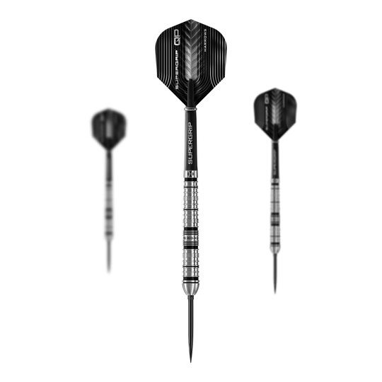 Fléchettes en acier Harrows Supergrip à pointe rapide conique Das Produktbild präsentiert die Harrows Supergrip QP Tapered Quick Point Steeldarts. Diese Darts zeichnen sich durch ihre spezielle Form und hochwertige Verarbeitung aus.