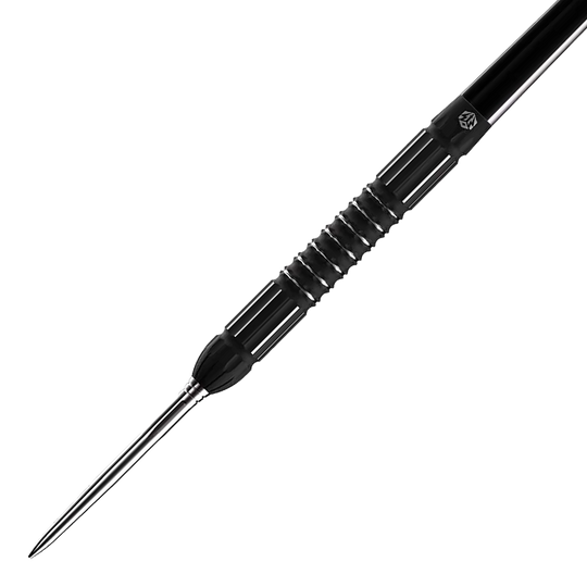 Fléchettes en acier Caliburn Sword S2 Das Bild zeigt den Caliburn Sword S2 Steeldart. Der Dartpfeil hat ein schwarzes, geriffeltes Griffstück und eine silberne Spitze.
