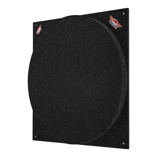 Das Bild zeigt das Produkt "Bulls NL Dartboard Silencer". Es handelt sich um eine schwarze Schallschutzmatte für eine Dartscheibe.