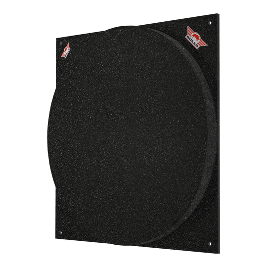 Silencieux de cible de fléchettes Bulls NL Das Bild zeigt das Produkt "Bulls NL Dartboard Silencer". Es handelt sich um eine schwarze Schallschutzmatte für eine Dartscheibe.