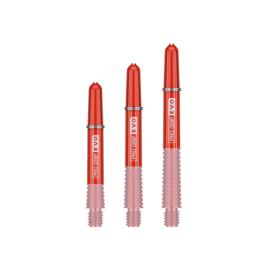 Das Bild zeigt drei rote Ersatztops für Dartshafts mit der Aufschrift "Pro Grip EVO". Sie sind unterschiedlich lang und gehören zum Produkt "Target Pro Grip EVO Ersatztops (9er Pack)".