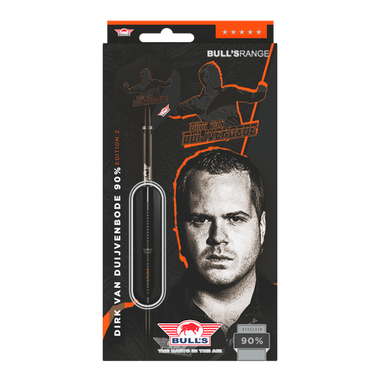 Bulls NL Dirk Van Duijvenbode Edition 2 fléchettes en acier Die Abbildung zeigt die Verpackung der "Bulls NL Dirk Van Duijvenbode Edition 2 Steeldarts". Auf der Verpackung ist ein Bild von Dirk Van Duijvenbode sowie ein Dartpfeil zu sehen.