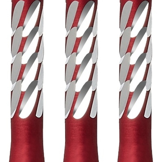 78990-Unicorn-Premier-Shaft-Red-Short Das Bild zeigt drei rote Aluminium-Schäfte für Darts mit silbernen Akzenten. Die Schäfte sind von der Marke Unicorn Premier.