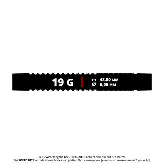 Fléchettes souples Mission Horus - 19 g Das Bild zeigt die Produktinformationen der Mission Horus Softdarts mit einem Gewicht von 19 Gramm. Die Länge beträgt 48,00 mm und der Durchmesser 6,05 mm.