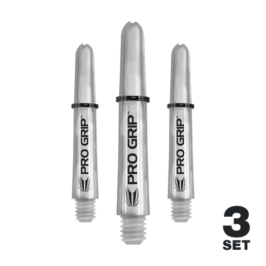 Tiges Target Pro Grip - 3 jeux - Transparent Das Bild zeigt drei transparente Pro Grip Schäfte für Darts. Unten rechts steht "3 Set" als Hinweis auf den Lieferumfang.