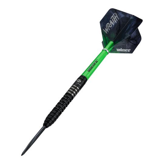 Das Bild zeigt die Unicorn Wraith Cameron Menzies Steeldarts - 23g. Diese Darts haben eine spezielle Form für präzises Werfen.