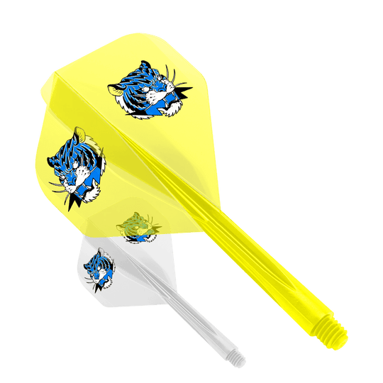 Condor AX Inazuma Tiger Mix Flight System Jaune Clair - Petit Das Bild zeigt das Produkt "Condor AXE Inazuma Tiger Mix Flight-System Yellow Clear - Small". Es handelt sich um einen gelben Dart-Flügel mit einem auffälligen Tigerkopf-Design.