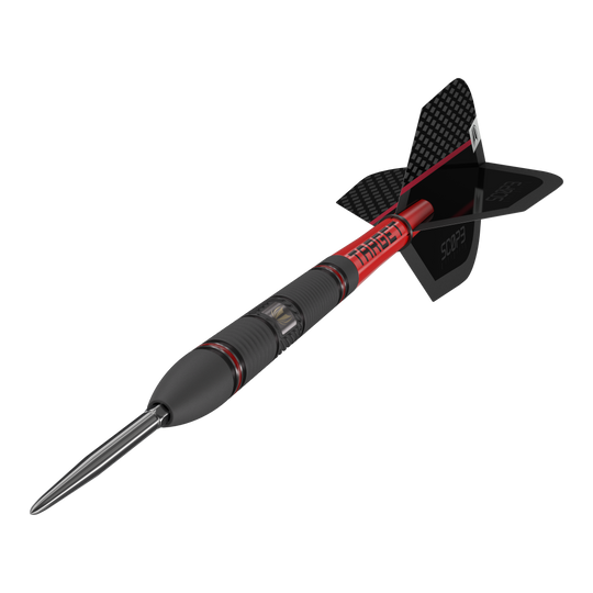 Fléchettes en acier Target Scope 02 Swiss Point Das Bild zeigt den Target Scope 02 Swiss Point Steeldart. Der Dartpfeil hat ein schwarzes und rotes Design mit einer metallischen Spitze und schwarzen Flights.