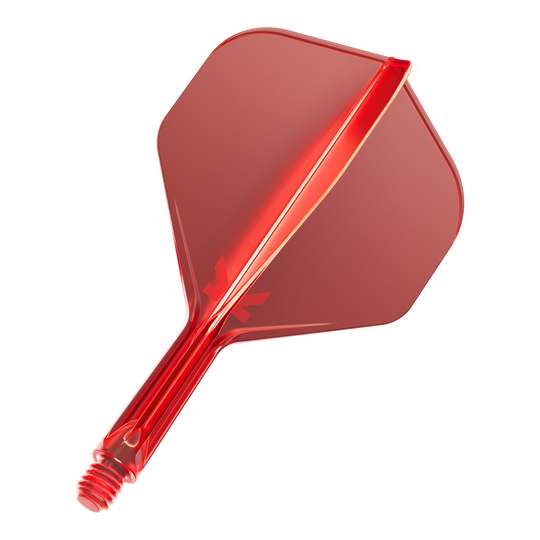 Système de vol standard Target K-Flex No2 - Rouge Das Bild zeigt eine rote Dartflügel-Kombination mit integriertem Schaft. Die Oberfläche ist glänzend und leicht transparent.
