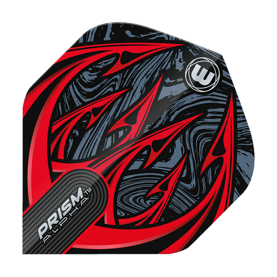 Das Bild zeigt ein Dartflight des Modells "Winmau Prism Alpha Diablo Standard Flights". Das Design ist auffällig mit roten, spitzen Mustern und einem schwarz-grauen Hintergrund.