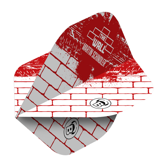 Bulls Metrixx Martin Schindler Blanc Rouge N°2 Vols Standard Das Bild zeigt ein Dartflight im roten und weißen Ziegelstein-Design mit der Aufschrift "The Wall Martin Schindler". Das Produkt ist ein Bulls Metrixx Martin Schindler White Red No2 Standard Flight.