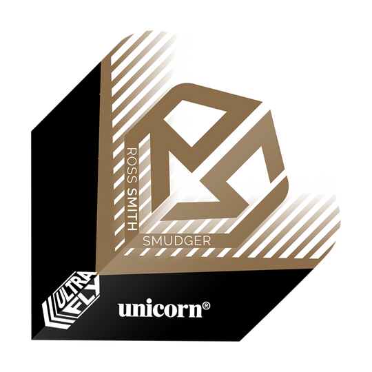 Vols Unicorn Ultrafly 100 Ross Smith Plus Das Bild zeigt ein Dartflight mit dem Namen "Unicorn Ultrafly 100 Ross Smith Plus Flights". Es ist in Schwarz, Weiß und Gold gestaltet und trägt den Namen "Ross Smith" sowie das Logo "Unicorn".