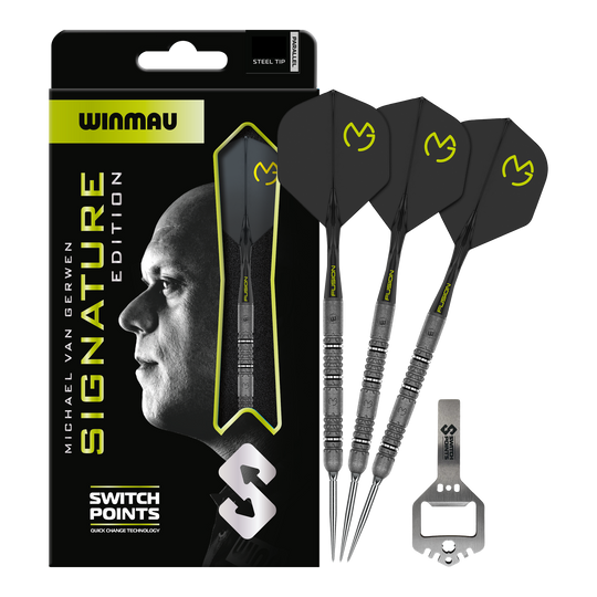 Winmau Michael van Gerwen Signature Edition Switch Points Steeldarts Das Bild zeigt die Winmau MvG Signature Edition Switch Points Steeldarts. Es handelt sich um hochwertige Steeldarts speziell für Profis und Sammler.