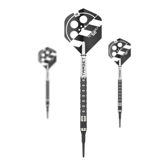 Fléchettes souples Target Chris Dobey Hollywood Action - 20 g Das Bild zeigt drei Softdarts des Produkts "Target Chris Dobey Hollywood Action Softdarts - 20g". Die Flights der Darts sind mit einem schwarz-weißen Hollywood-Design verziert.