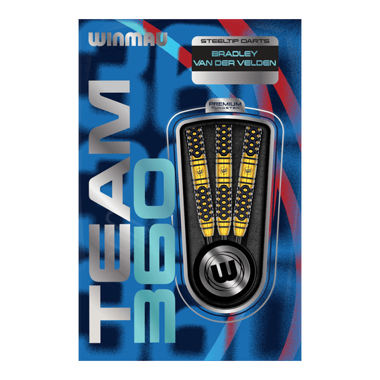 Fléchettes en acier Winmau Team 360 Bradley Van Der Velden - 22 g Abgebildet sind die Winmau Team 360 Bradley Van Der Velden Steeldarts - 22g. Das Foto hebt die Form und Verarbeitung der Darts hervor.