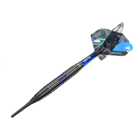 Fléchettes souples Winmau Galactics - 20 g Das Bild zeigt einen Winmau Galactics Softdart mit einem Gewicht von 20 Gramm. Der Dart ist überwiegend schwarz mit blauen Akzenten und verfügt über ein modernes Design.