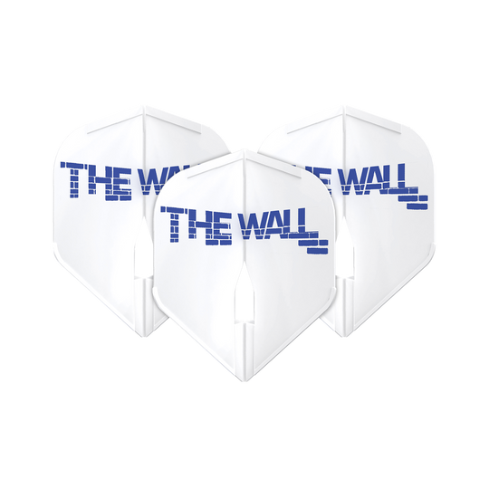 Vols L-Style Martin Schindler Blanc L1PRO Das Bild zeigt drei weiße Dartflights mit der Aufschrift "THE WALL" in blauer Schrift. Die Flights sind das Modell "L-Style Martin Schindler Weiß L1PRO".