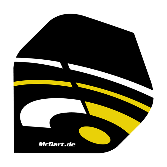 Vols standard McDart ID - Jaune Das Bild zeigt ein McDart ID Standard Flight in den Farben Schwarz, Gelb und Weiß. Auf dem Flight ist auch die Webseite "McDart.de" aufgedruckt.