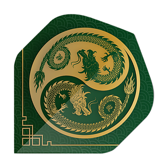 Vols de Pentathlon Dragon vert Das Bild zeigt einen Pentathlon Dragon 3 Standard Flight in Grün mit einem goldenen Drachenmotiv. Das Design ist detailreich und erinnert an ein asiatisches Kunstwerk.