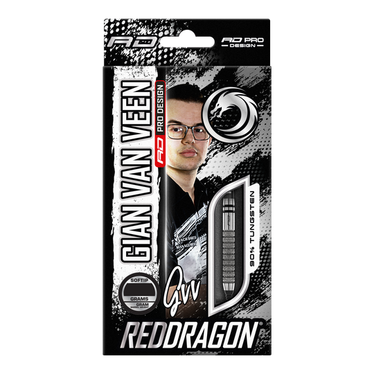 Fléchettes souples Red Dragon Gian Van Veen Tour Edition - 20 g Auf dem Bild ist die Verpackung der "Red Dragon Gian Van Veen Tour Edition Softdarts - 20g" zu sehen. Die Packung zeigt ein Porträt von Gian Van Veen und ein Sichtfenster mit einem Dartpfeil.