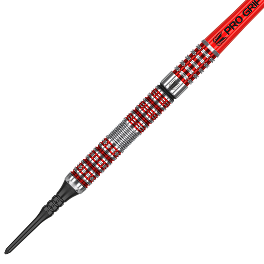 210094_Target_Hema_10_Softdarts_2 Das Bild zeigt einen Target Hema 10 Softdart. Der Dart hat ein silbernes und rotes Design mit einem schwarzen Softdart-Spitze.