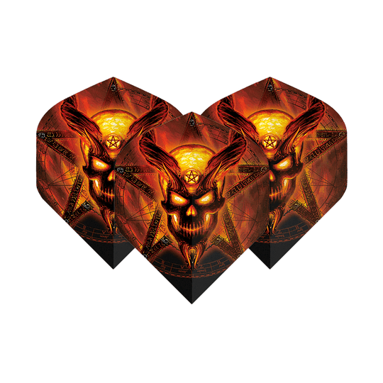 Alchemy Burning Temple No2 Vols standards Die Abbildung zeigt drei Dart-Flights mit einem brennenden, dämonischen Totenkopf-Design vor einem Pentagramm. Die Farben sind hauptsächlich feuriges Rot und Gelb, was dem Produkt ein auffälliges und dramatisches Aussehen verleiht.