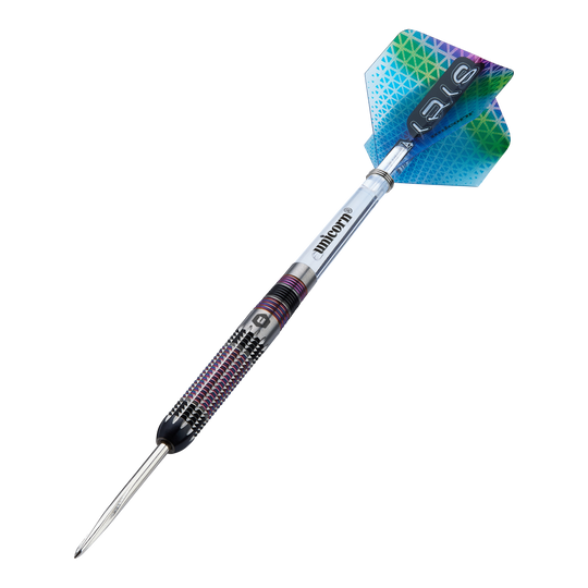 Fléchettes en acier Unicorn Iris Dies ist ein Unicorn Iris Steeldart mit einer farbigen Spitze und einem strukturierten Griff. Die Flights haben ein buntes, geometrisches Muster in Blau und Grün.
